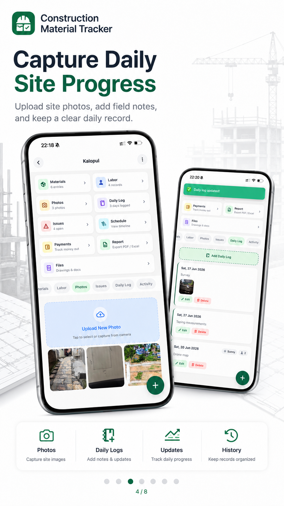 Daily progress log with site photos in GharNaksa