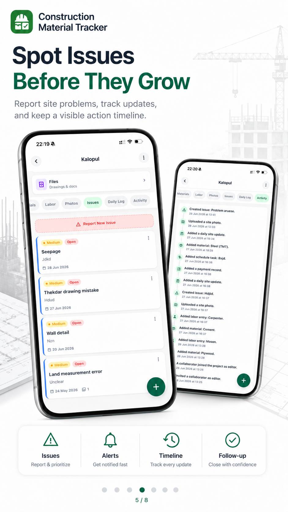 Site issues list and activity timeline