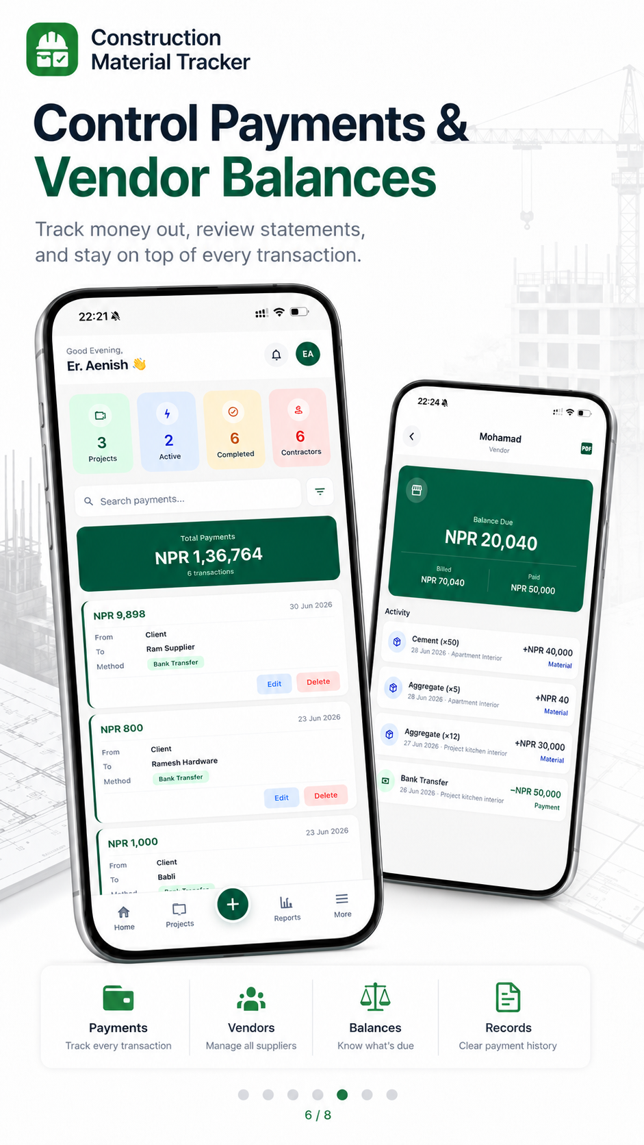 Payments and vendor balances in the construction tracker